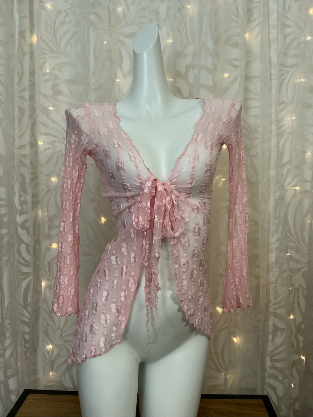 Vintage Trashy Lingerie Mini Robe Sheer Pink Lace Tie-Front Cover Up